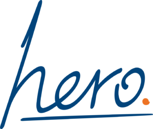 Hero logo in het blauw met een oranje stip